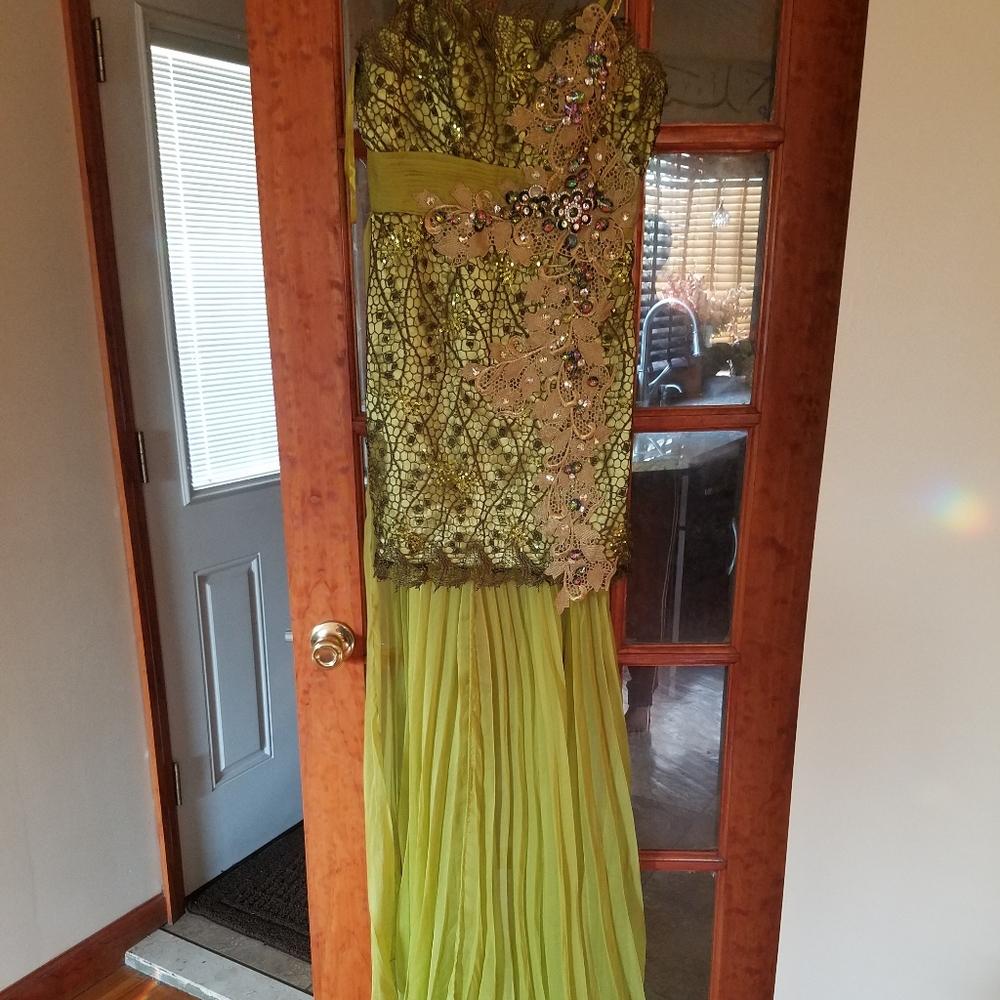 Fun fashion green dress with chiffon overskirt